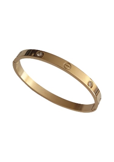 Zirkon Taşlı Kelepçe Çelik Bileklik Gold Sarı