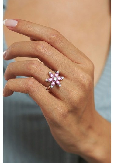 925 Ayar Pembe Taşlı Rodyum Lotus Çiçeği Ayarlanabilir Gümüş Yüzük Rr10025 Gümüş