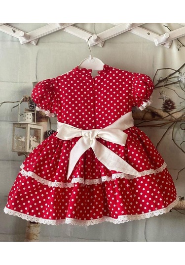 Kırmızı Puantiyeli Nakışlı Kız Bebek Elbisesi,özel Dikim Çocuk Elbisesi, Doğum Günü Elbisesi, 0-12 Yaş Kırmızı