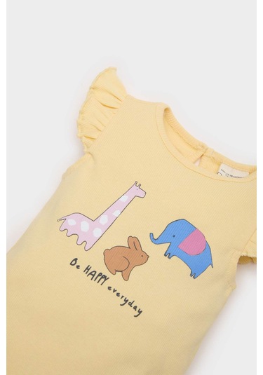 DeFacto Kız Bebek Yenidoğan Bisiklet Yaka Hayvan Desenli Fitilli Kaşkorse Kısa Kollu Çıtçıtlı Body E7945A525SMYL488 Sarı