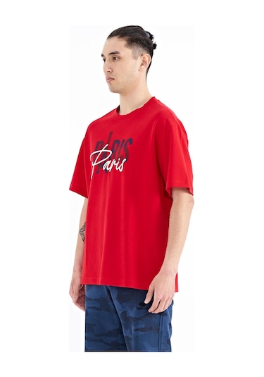 Tommy Life Kırmızı Yazı Nakışlı O Yaka Oversize Erkek T-shirt - 88223 001
