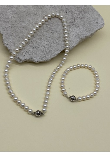 Beyaz Doğal İnci Erkek Kolye Bileklik Set Gümüş