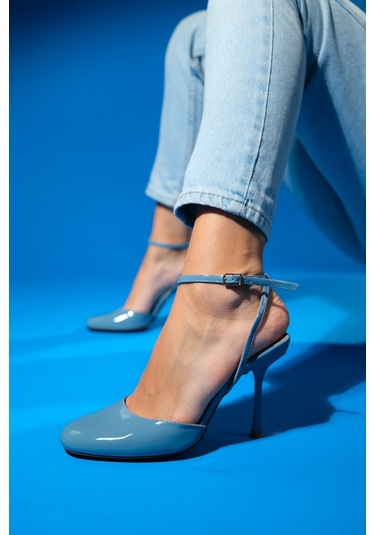 Luvishoes Blues Mavi Rugan Yuvarlak Burun Bilekten Bağlamalı Kadın Yüksek Topuklu Ayakkabı Mavi