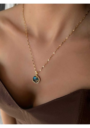 Altın Kaplama Zirkon Taşlı Gökyüzü Çelik Kolye Altın