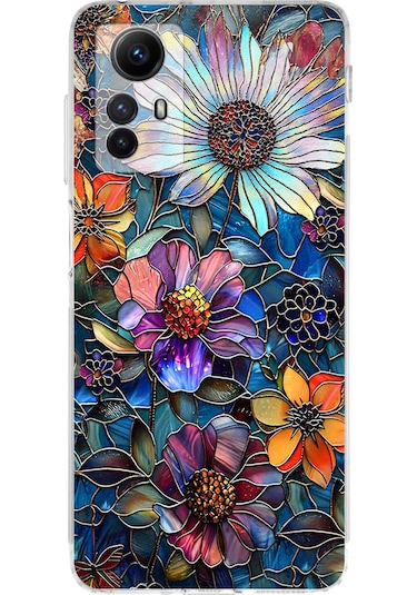 Printify Redmi Note 12s İle Uyumlu Vitray Mücevher Flora Tasarımlı Şeffaf Silikon Kılıf Şeffaf