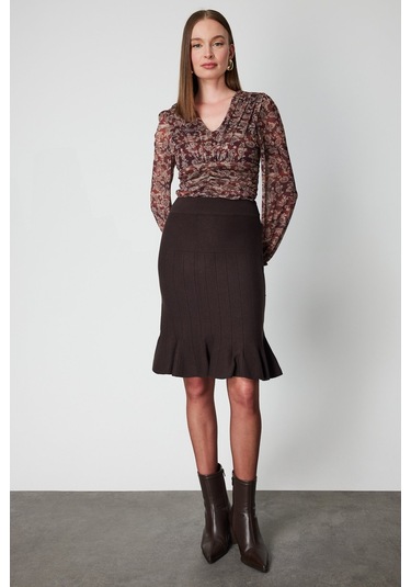 On Kadın Eteği Pileli Diz Üstü Triko Etek 65200 Kahverengi Kahverengi