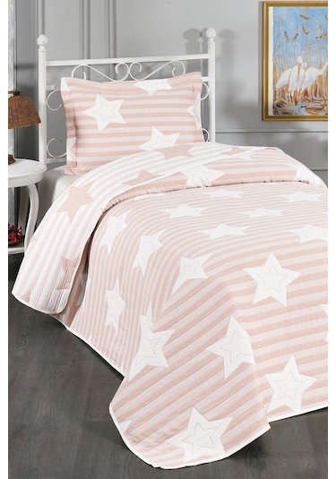 Evlen Home Pedri Yıldız Desenli Pamuklu Tek Kişilik Yatak Örtüsü Pike Takımı 2 Parça Çocuk Yatak Örtüsü Pudra
