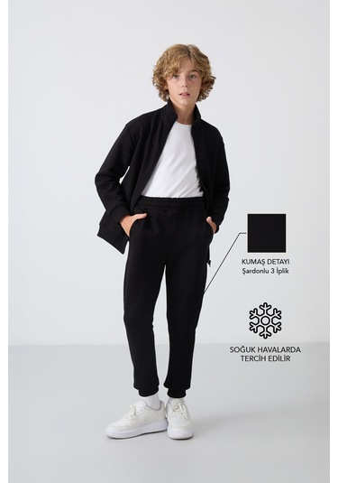 Tommy Life Siyah Pamuklu Kalın İçi Tüylü Yumuşak Dokulu Standart Fit Nakışlı Erkek Çocuk Eşofman Takım - 11240 Siyah