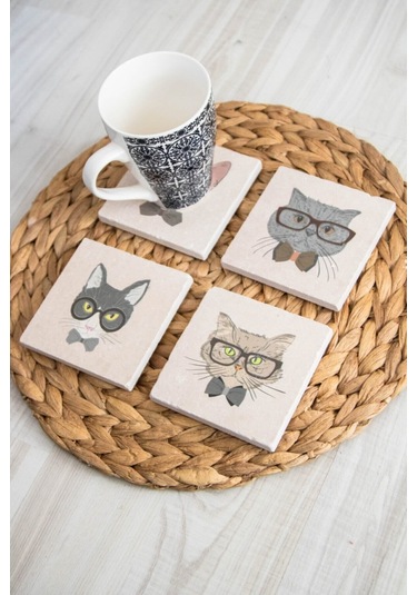 Baskılı Doğal Taş Bardak Altlığı 4'lü Set 10x10x1 Cm - Kedi Baskılı Bardakaltı Çok Renkli