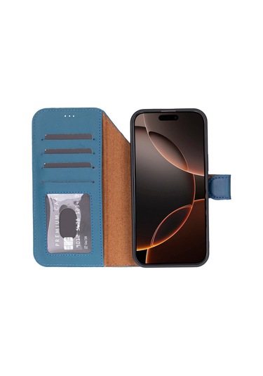 Bloomcase Magic Wallet Midnight Blue iPhone Uyumlu 17 Pro 6.3" Hakiki Deri Çıkarılabilir Cüzdanlı Telefon Kılıfı Mavi