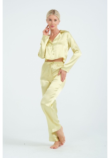 Laperissa Kadın Yeşil Crop Saten Pijama Takımı Gömlek Yaka, Düğmeli, Şık Ev Giyim Yeşil