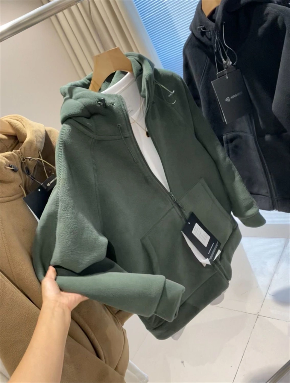 Peluş Sıcak Çift Katmanlı Kalın Günlük Kapüşonlu Ceket Koyu Yeşil