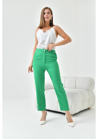 Ftz Women Kadın Dar Paça Düğmeli Pantolon Benetton 30779-Benetton Yeşil