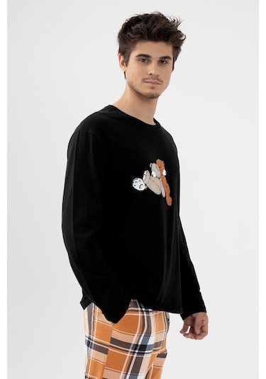 Erkek Pamuklu Uzun Kollu Ayıcık Baskılı Alt Ekose Cep Detaylı Pijama Takımı Ke30113 Siyah - Kahverengi