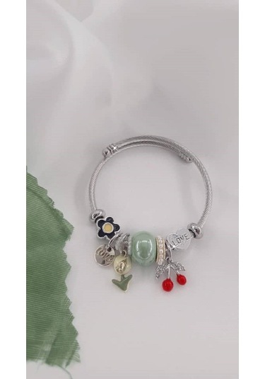 Kadın Charmlı Kiraz Figürlü Çelik Bileklik Yeşil