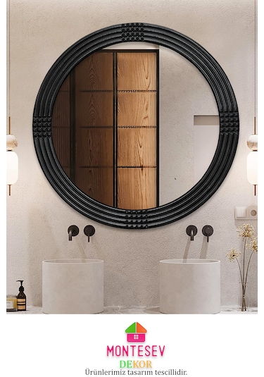 Safir Ahşap Siyah Yuvarlak Ayna Işlemeli Duvar Banyo Aynası 69 Cm