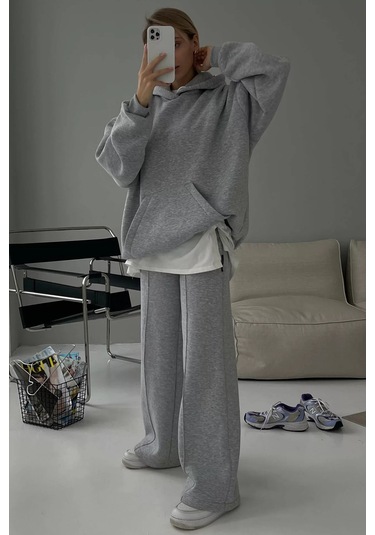 Madmext Grimelanj Kapüşonlu Şardonlu Oversize Sweatshirt Mg1566 Gri Melanj