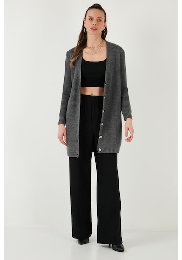 Lela Regular Fit V Yaka Düğmeli Triko Örme Uzun Bayan Hırka 4615044 Koyu Gri
