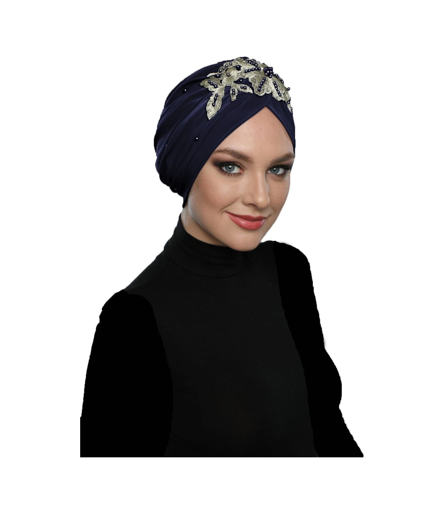 Kopma Astarlı İşlemeli Lacivert Sarı Dantel Motifli Hazır Türban Tesettür Abiye Bone Lacivert-sarı