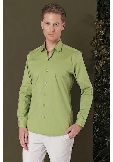 Gk 709 Slim Fit Açık Yeşil Klasik Gömlek Yeşil