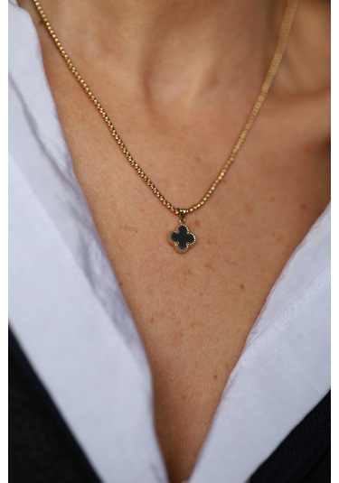 Yenigün Kuyumculuk 14 Ayar Altın Siyah Taşlı Yonca Kolye Ucu Küçük Klu21976