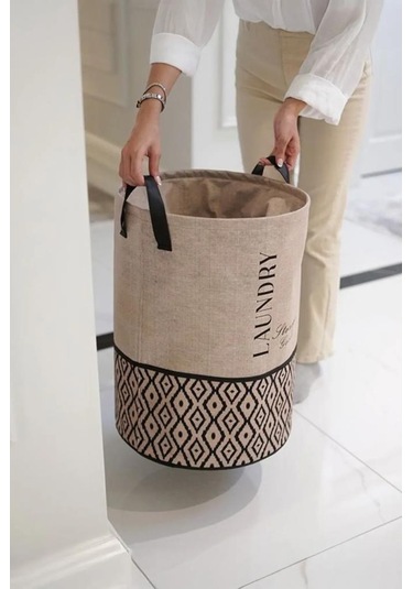 Flora Torbalı Çamaşır Oyuncak Sepeti, Ağzı Büzgülü Dekoratif Saklama Sepeti 35x50cm Bej