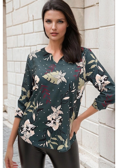 Petrol Yeşili, Floral Desenli, Lastikli Uzun Kol, Bluz Petrol