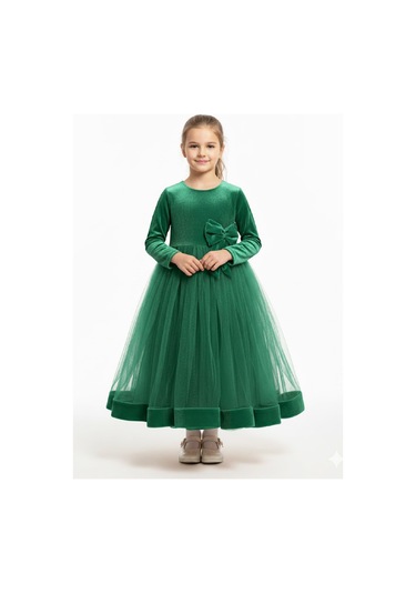 Kız Çocuk Kadife Elbise-ül Detaylı-fiyonk Süslemeli 7-12 Yaş 12441 Petrol Yeşili