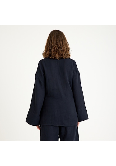 %100 Pamuklu Dokuma İçten Bağlamalı Müslin Kimono-pantolon Alt Üst Takım Siyah