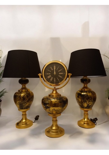 2'li Abajurlu Saatli Set Dekoratif Analog Saat - Gold Gold