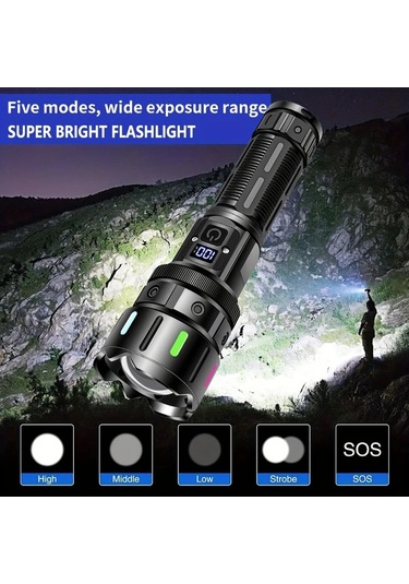 Xuweiwei Siyah Zarif Hediye Kutusu Seti 1 Adet Ultra Parlak 1200 Lümen Şarj Edilebilir Led El Feneri Alüminyum Alaşım 5 Mod Taktiksel Işık Type-c Şarj Acil Durum Kamp Hediye Siyah