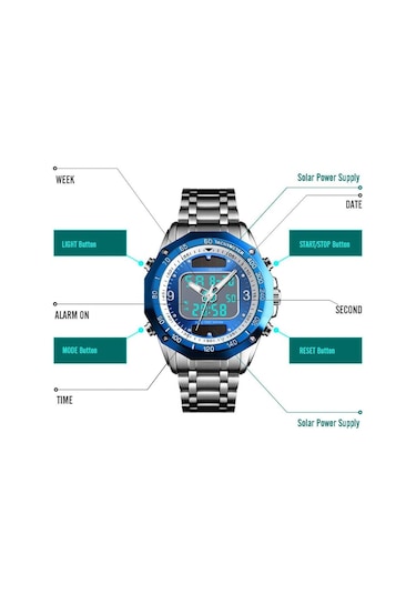 Erkekler Güneş Enerjili Kuvars Paslanmaz Çelik Analog Dijital Bilek Erkekler Mavisi Mavi