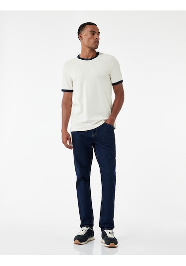 Koton Kısa Kollu Bisiklet Yaka Tok Kumaş Renk Kontrastlı Pamuklu Slim Fit Tişört Ekru 6wam10098hk Ekru