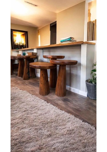 Rustik Tarz Ahşap Mantar Sehpa 3 Lü Set Fındık Masif Fiskos