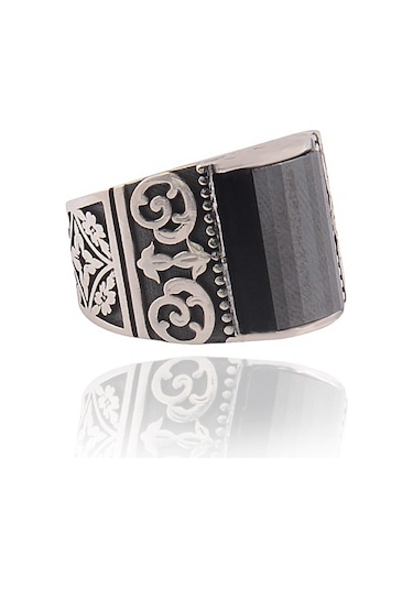 Vog Siyah Oniks Taşlı Yanı İşlemeli 925 Ayar Erkek Gümüş Yüzük