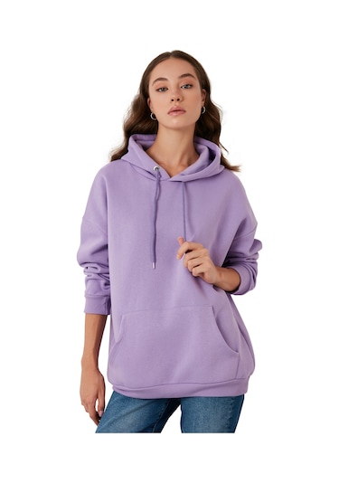 Lela Regular Fit Pamuklu Kapüşonlu Yaka Şardonlu Kışlık Bayan Sweat 5863854 Lila
