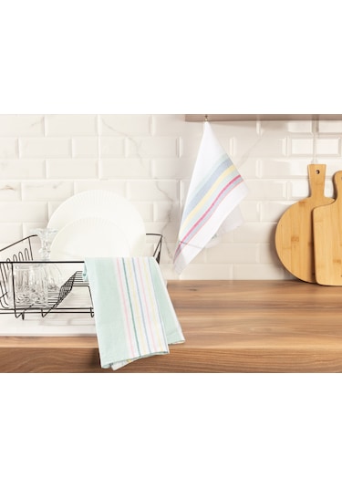 Madame Coco Jeanne 2'Li Yıkamalı Mutfak Havlu Seti - Beyaz/Mint Yeşili