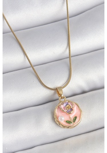 Zarif Kadın İçin Golden Çelik Zincir Pembe Mini Çiçek İnci Portre Kolye Metalik