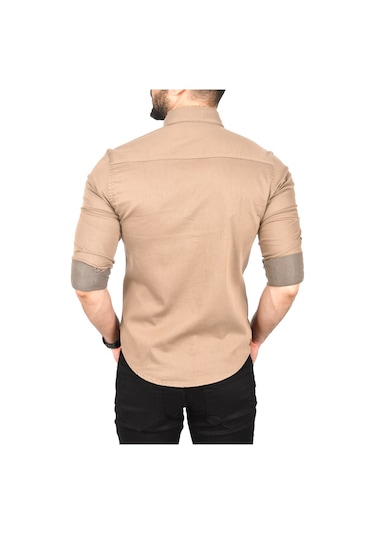 Deepsea Erkek Bej Slim Fit Pamuklu Cepli Kot Gömlek Çıtçıtlı Uzun Kollu Spor Gömlek 2502503 Bej