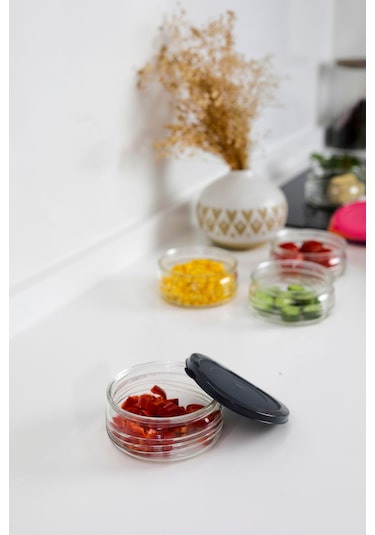 12'li Premium Kahvaltılık Seti 410 Cc Gri Plastik Kapaklı Cam Saklama Kabı, Hava Geçirmez Gri