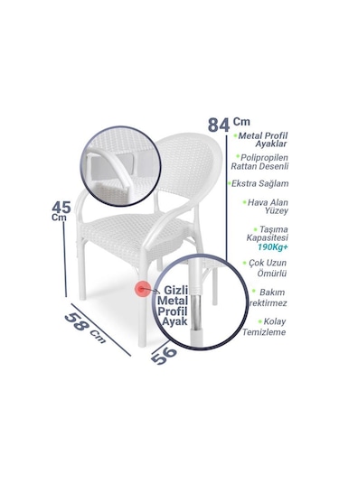 4 Adet Bambu Rattan Kollu Sandalye Koltuk Beyaz Beyaz