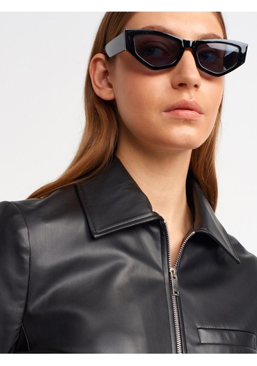 Dilvin Crop Suni Deri Ceket Siyah