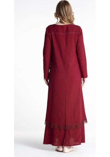 Uzun Kol Şile Bezi Nervürlü Uzun Elbise Bordo Brd-bordo