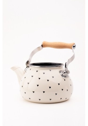 Black Cupid Emaye Siyah Kalp Desenli Vintage Kettle - 2 Litre