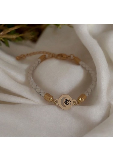 Archin Panda Temalı Doğal Beyaz Derili Ay Motifli 14 Ayar Altın Plakalı Hediye Bileklik-477sembol Panda