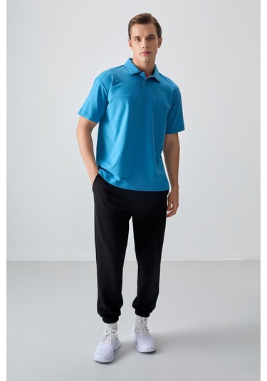 Tommy Life Petrol Mavi Pamuklu Kalın Yumuşak Dokulu Polo Yaka Oversize Fit Basic Erkek T- Shirt - 88382 Petrol Mavi