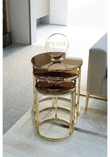Deepport Liv Aks 3'lü Gold Zigon Sehpa Bronz Aynalı Altın