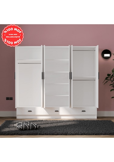 İnci 6 Kapak 3 Çekmeceli Gardırop %100 Mdf