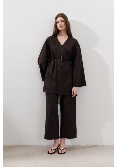 Keten Kruvaze Kapama Kimono Acı Kahve Acı Kahve