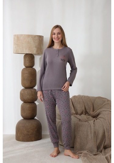 Lindros Kadın Pamuk'lu Düğme Yaka Raporlu İnterlok Kışlık Pijama Takımı 0274 - 1 Adet Füme